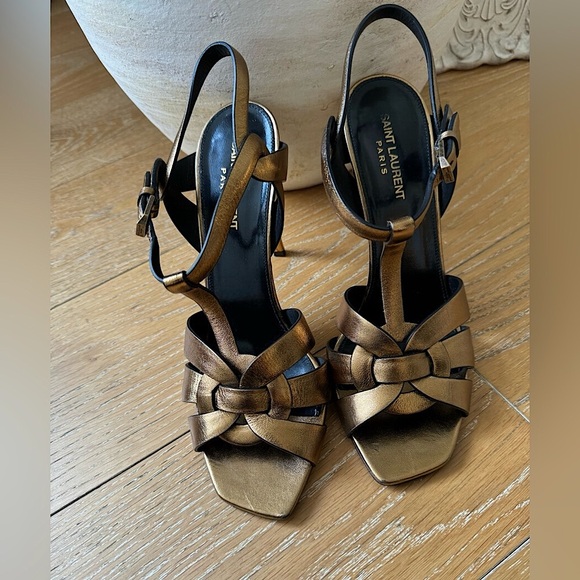 SAINT LAURENT Metallic Bronze Tribute Sandals - Size 40 1/2, 9 - Picture 3 of 10